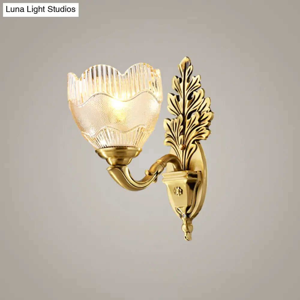 Antique Clear Ribbed Glass Flower Bud Wall Sconce With Gold Finish - Elegant Lighting Idea
