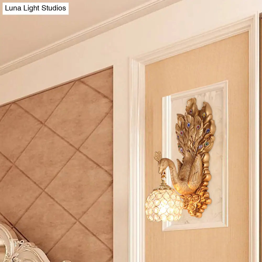 Antique Dome Crystal Wall Light: Bedroom Sconce Lamp With Peacock Backplate (Blue/Gold/White)