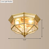 Antique Glass Octagonal Flush Ceiling Light - 3 Bulb Brass Finish