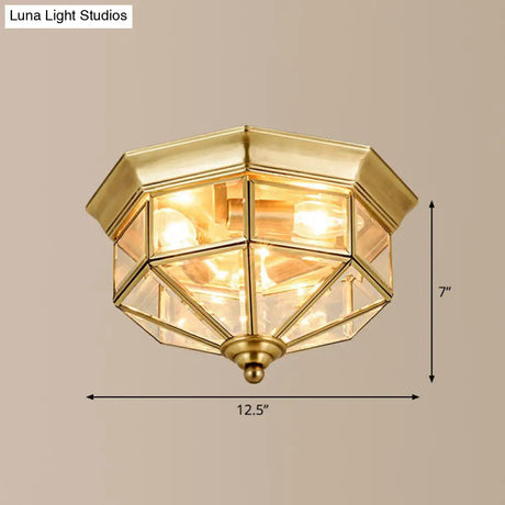 Antique Glass Octagonal Flush Ceiling Light - 3 Bulb Brass Finish