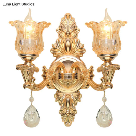 Antique Gold Bellflower Amber Glass Wall Lamp Kit With 2 Lights For Living Room Sconce