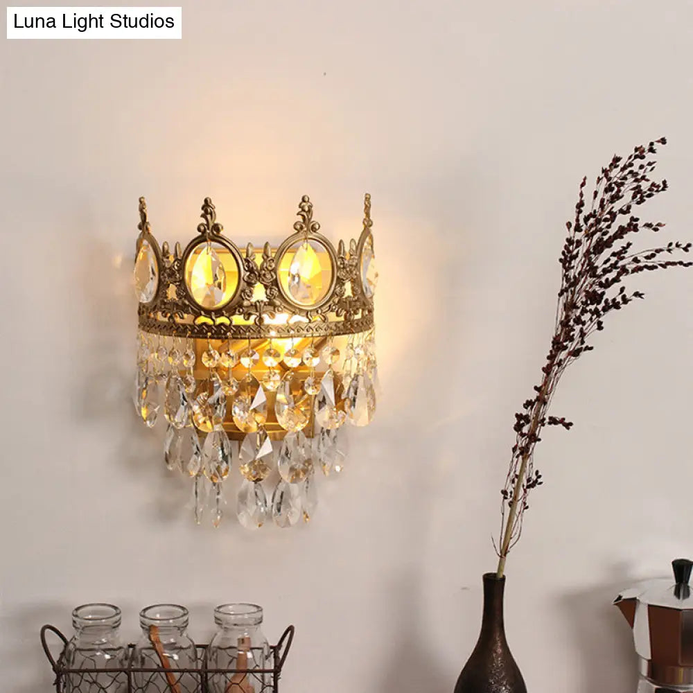 Antique Gold Crown Living Room Wall Light With Teardrop Crystal Accents - 3-Bulb Metal Sconce