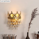 Antique Gold Crown Living Room Wall Light With Teardrop Crystal Accents - 3-Bulb Metal Sconce