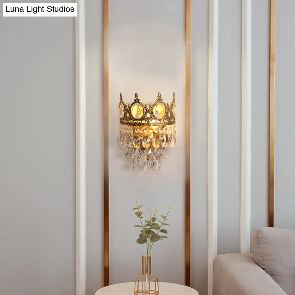 Antique Gold Crown Living Room Wall Light With Teardrop Crystal Accents - 3-Bulb Metal Sconce