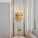 Antique Gold Crown Living Room Wall Light With Teardrop Crystal Accents - 3-Bulb Metal Sconce