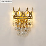 Antique Gold Crown Living Room Wall Light With Teardrop Crystal Accents - 3-Bulb Metal Sconce