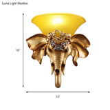 Antique Gold Elephant Sconce With Flared Glass Shade - Wall Mount Living Room Light