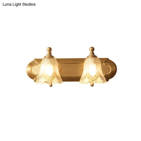 Antique Gold Floral Vanity Lighting - Semi-Opaque Glass Bathroom Wall Light Fixture