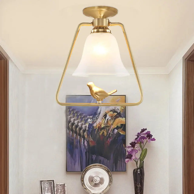 Antique Gold Frosted Glass Ceiling Light: Bell-Shaped Vintage Semi Flush With Cage & Bird Design