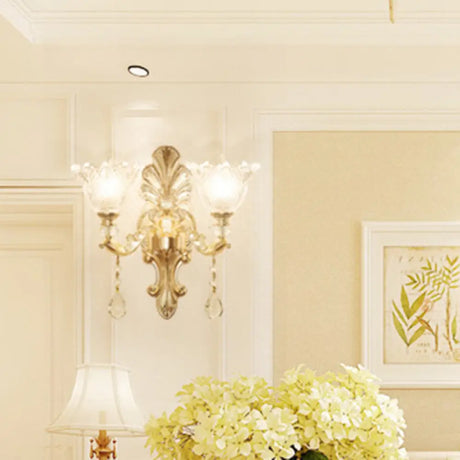 Antique Gold Glass Wall Light With Flower Texture And Crystal Accent For Living Room 2 / A