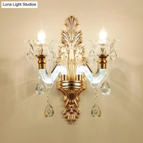 Antique Gold Glass Wall Light With Flower Texture And Crystal Accent For Living Room