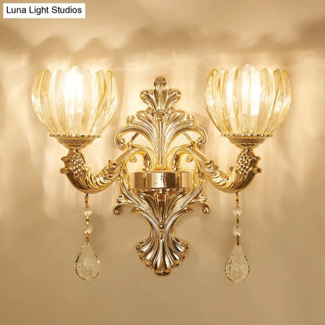 Antique Gold Glass Wall Light With Flower Texture And Crystal Accent For Living Room
