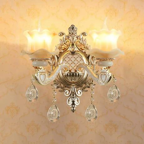 Antique Gold Jade Floral Wall Light With Crystal Accent - Elegant Living Room Lighting Fixture 2 / B