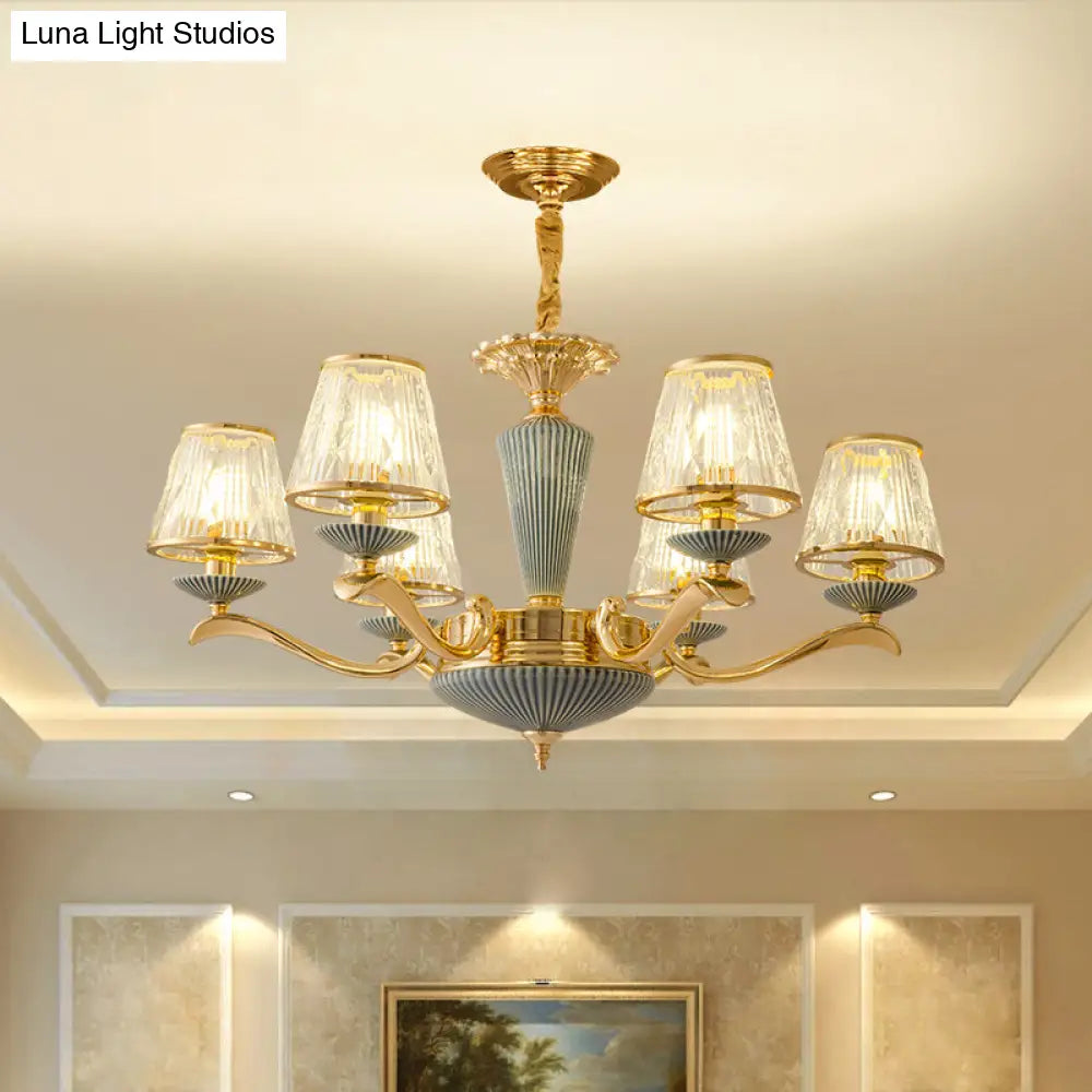 Antique Gold Ribbed Glass Chandelier - Elegant Bedroom Ceiling Pendant Lamp