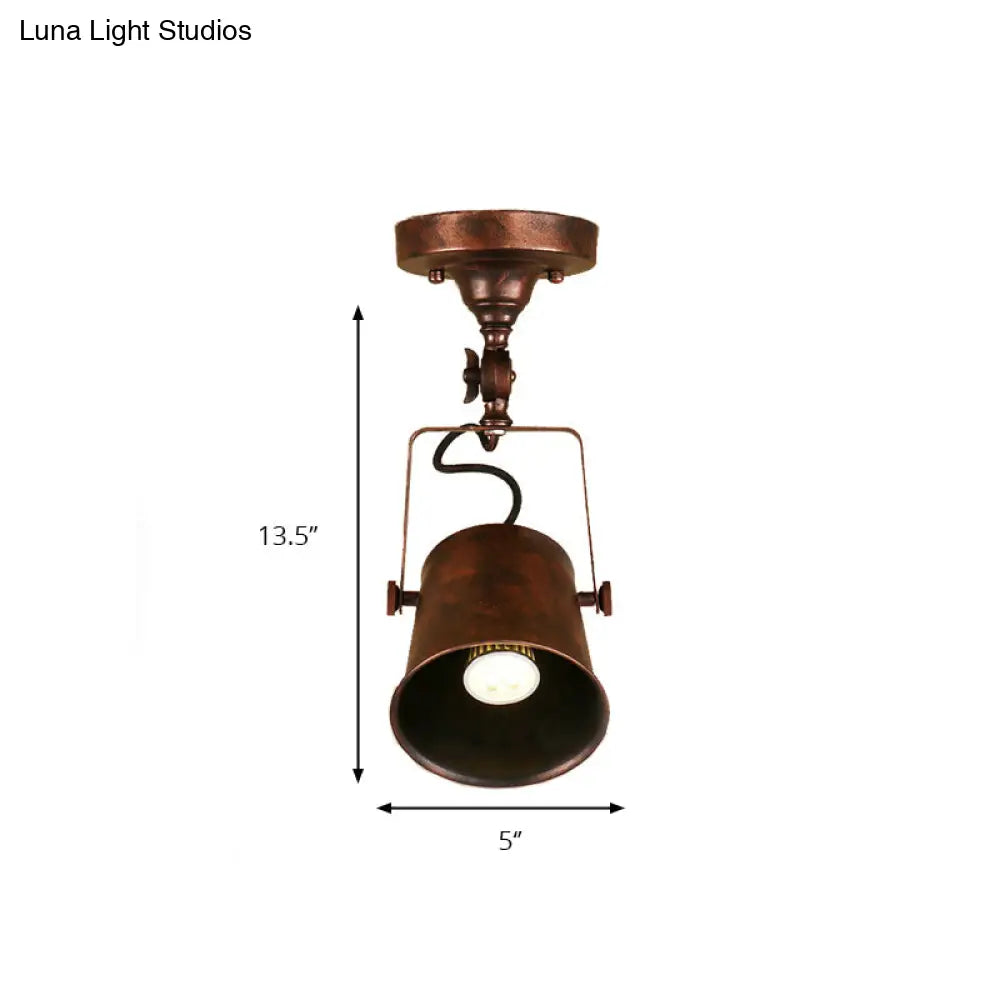 Antique Metal Bucket Shade Ceiling Lamp - Rotatable Semi Flush Pendant Light For Living Rooms 1