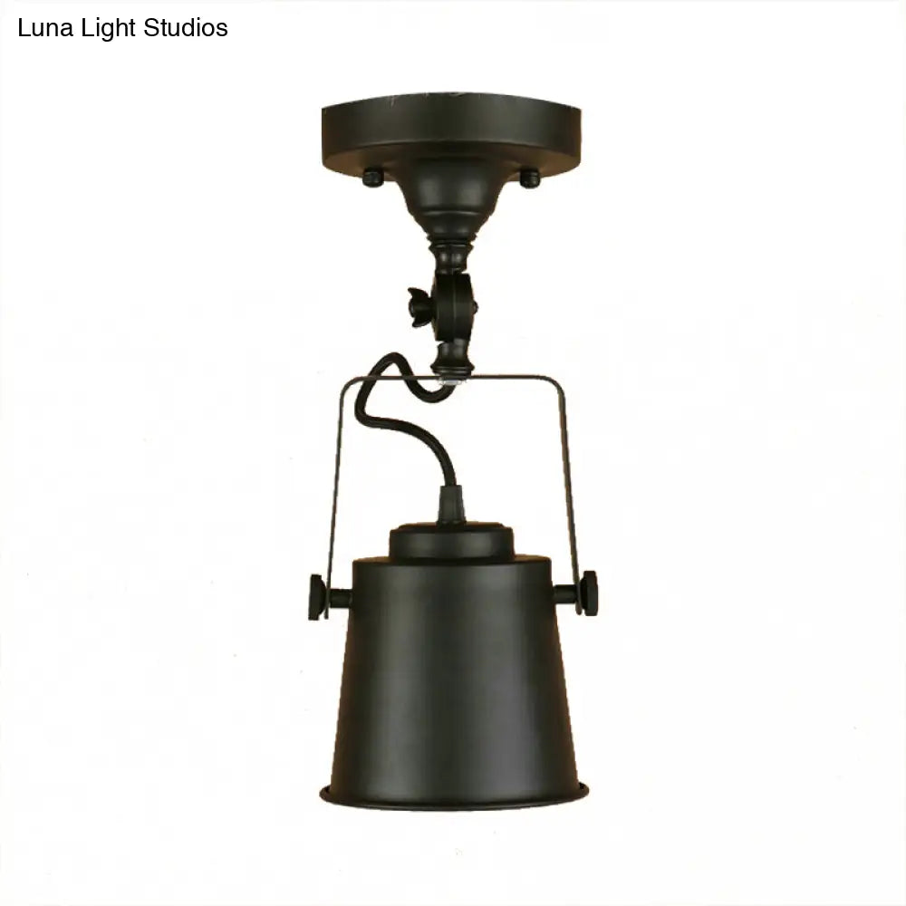 Antique Metal Bucket Shade Ceiling Lamp - Rotatable Semi Flush Pendant Light For Living Rooms 1