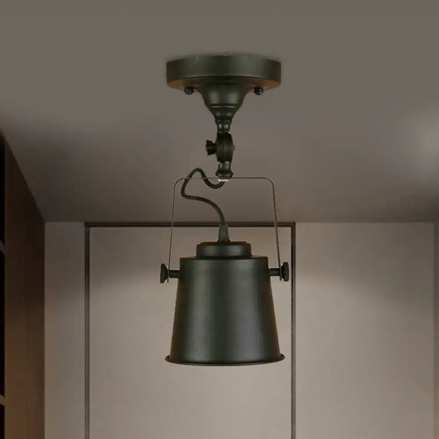 Antique Metal Bucket Shade Ceiling Lamp - Rotatable Semi Flush Pendant Light For Living Rooms 1