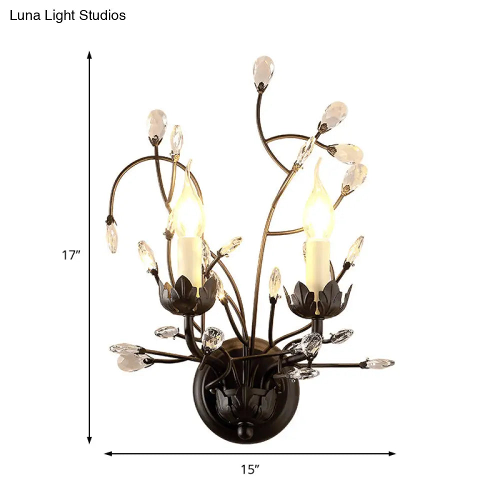 Antique Metal Wall Sconce With Crystal Accents - Elegant Black Flower Design 2 Lights Perfect For