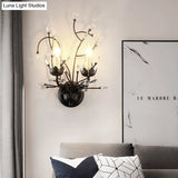 Antique Metal Wall Sconce With Crystal Accents - Elegant Black Flower Design 2 Lights Perfect For