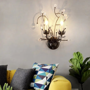 Antique Metal Wall Sconce With Crystal Accents - Elegant Black Flower Design 2 Lights Perfect For