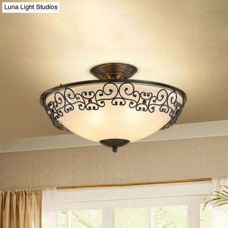 Antique Opal Glass Semi Flush Mount Ceiling Light With Gold/Black Bowl And 5 Bulbs For Dining Room