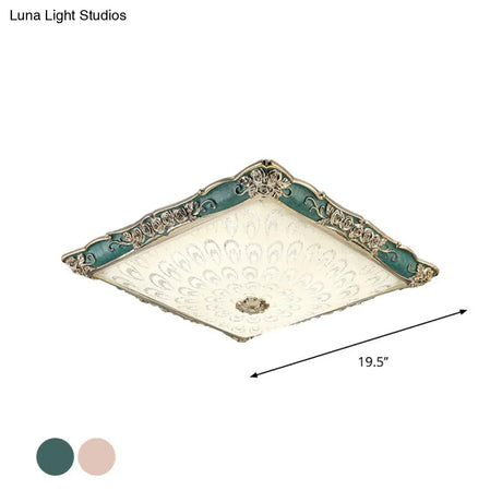 Antique Opaque Glass Led Square Flush Mount Light - Pink/Green Bedroom Ceiling Lamp