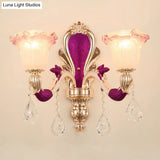 Antique Purple Glass Ruffle-Trimmed Wall Sconce With Double Heads Mount Light Fixture