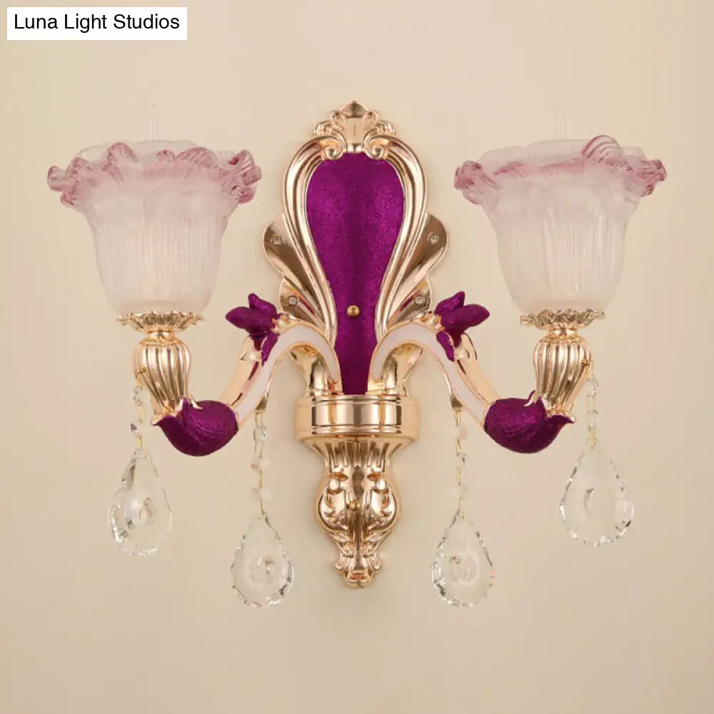 Antique Purple Glass Ruffle-Trimmed Wall Sconce With Double Heads Mount Light Fixture