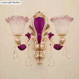 Antique Purple Glass Ruffle-Trimmed Wall Sconce With Double Heads Mount Light Fixture