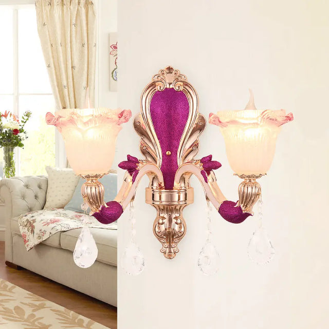 Antique Purple Glass Ruffle-Trimmed Wall Sconce With Double Heads Mount Light Fixture