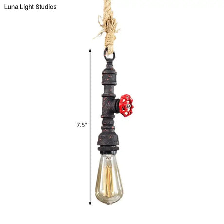 Antique Rust Metal & Rope Warehouse Pendant Light - Adjustable Ceiling Fixture With Bare Bulb
