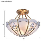 Antique Scalloped Bedroom Semi Flush Mount With Frosted Glass Shade - 4 Bulb Brass Ceiling Light