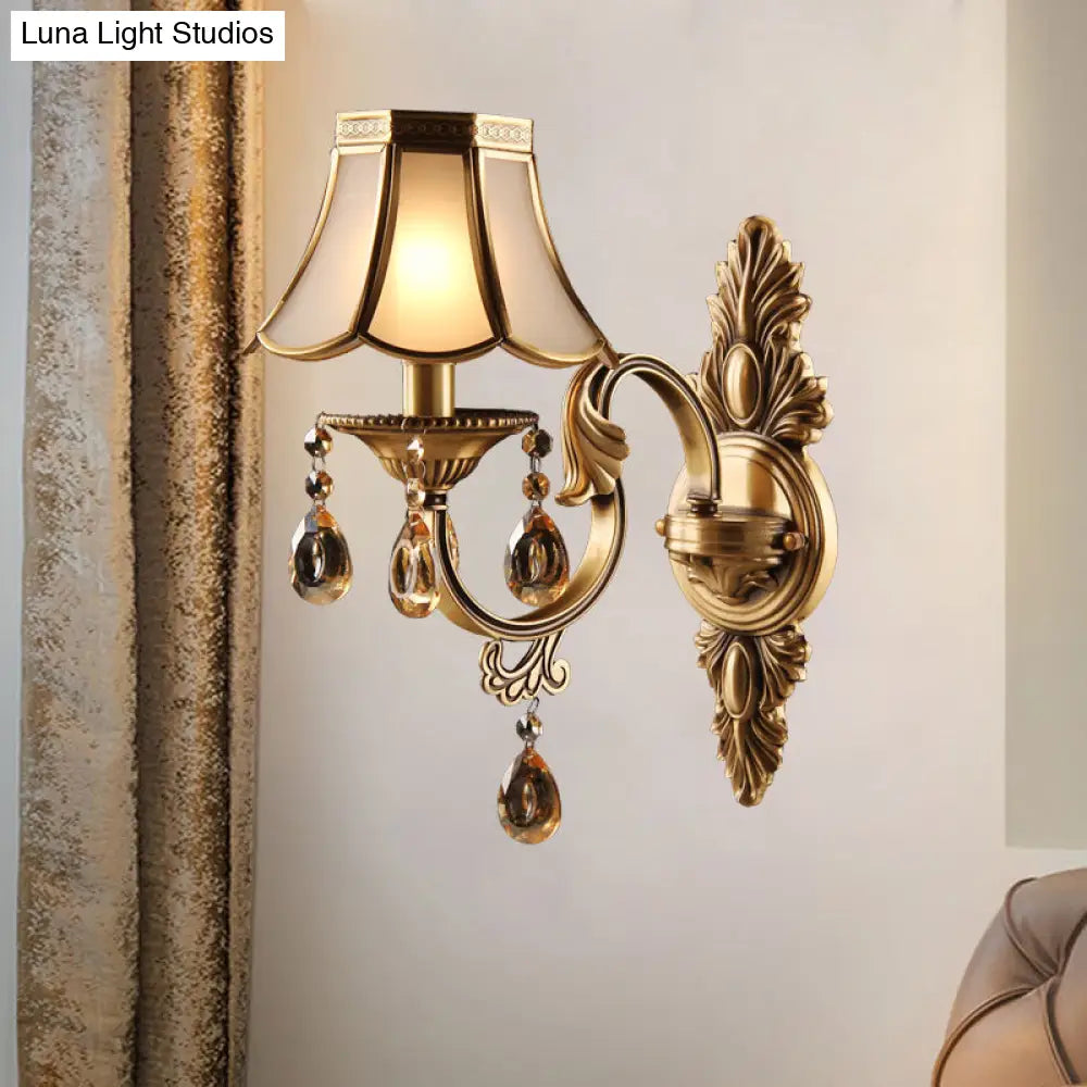 Antique Scalloped Shade Wall Lamp - Opaque Glass 1-Head Lighting With Crystal Accents In Brass