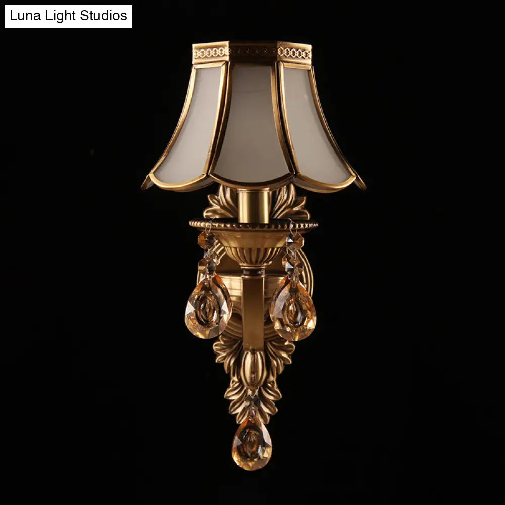 Antique Scalloped Shade Wall Lamp - Opaque Glass 1-Head Lighting With Crystal Accents In Brass
