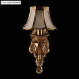Antique Scalloped Shade Wall Lamp - Opaque Glass 1-Head Lighting With Crystal Accents In Brass