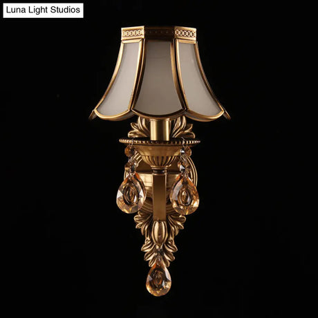 Antique Scalloped Shade Wall Lamp - Opaque Glass 1-Head Lighting With Crystal Accents In Brass