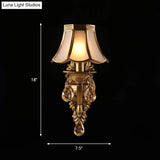 Antique Scalloped Shade Wall Lamp - Opaque Glass 1-Head Lighting With Crystal Accents In Brass