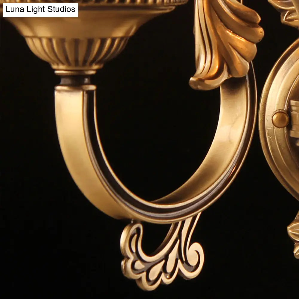 Antique Scalloped Shade Wall Lamp - Opaque Glass 1-Head Lighting With Crystal Accents In Brass