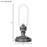 Antique Silver Industrial Desk Lamp With Clear/Amber Glass Capsule Shade And Curved Arm