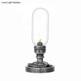 Antique Silver Industrial Desk Lamp With Clear/Amber Glass Capsule Shade And Curved Arm