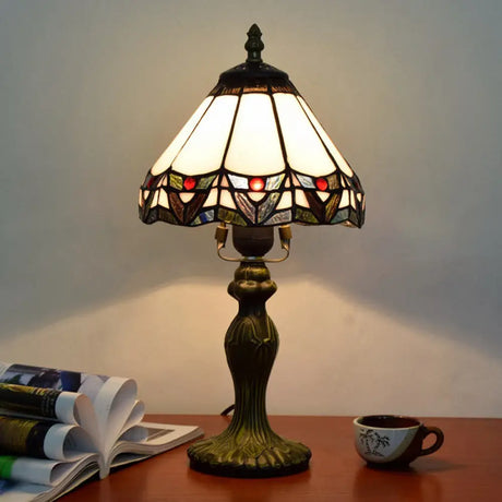 Antique Stained Glass White Table Lamp With Conical Shade & 1 Head - Elegant Nightstand Lighting For