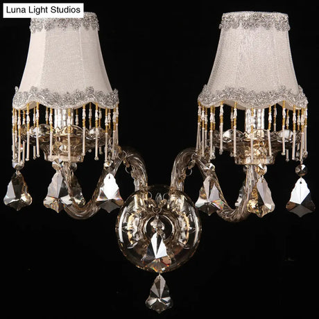 Antique Style 2-Light Fabric Wall Lamp Fixture With Fringe For Bedroom Sconce - Amber Scalloped