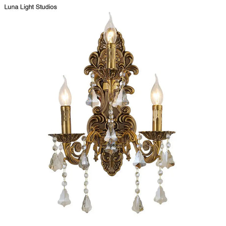 Antique Style 3-Light Candle Wall Sconce With Crystal Droplet - Metallic Mount Light