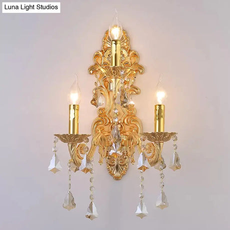 Antique Style 3-Light Candle Wall Sconce With Crystal Droplet - Metallic Mount Light