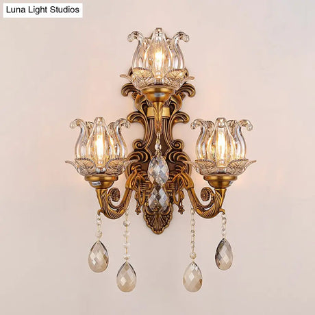 Antique Style 3-Light Candle Wall Sconce With Crystal Droplet - Metallic Mount Light