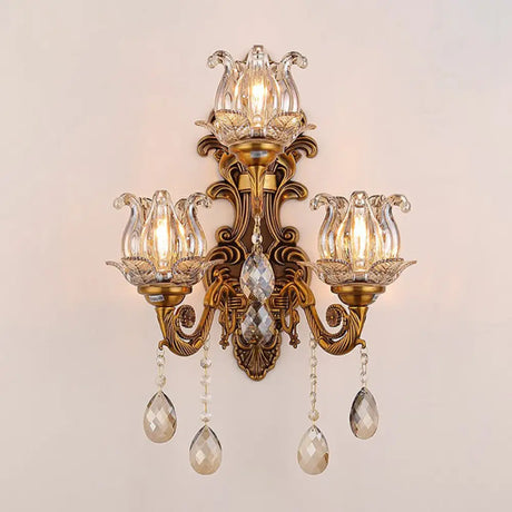 Antique Style 3-Light Candle Wall Sconce With Crystal Droplet - Metallic Mount Light Brown