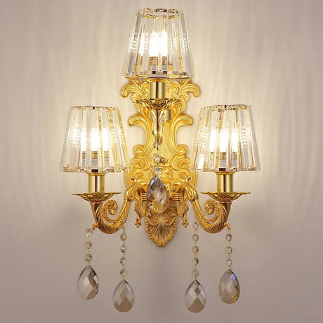 Antique Style 3-Light Candle Wall Sconce With Crystal Droplet - Metallic Mount Light Gold