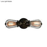 Antique Style Black/Bronze Caged Sconce Light - 2-Light Wrought Iron Mini Wall Lamp For Dining Room