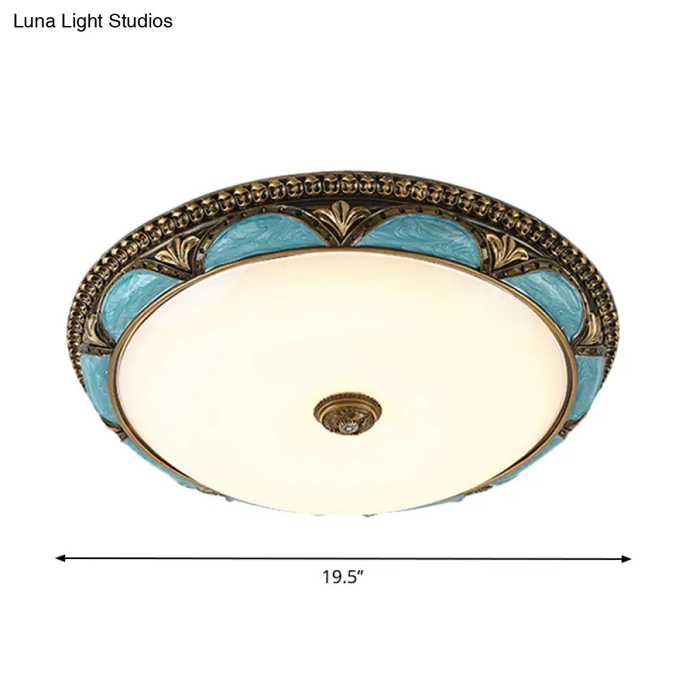 Antique - Style Blue Floral Ceiling Lamp - Cream Glass Led Bedroom Flush Mount