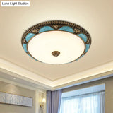 Antique - Style Blue Floral Ceiling Lamp - Cream Glass Led Bedroom Flush Mount